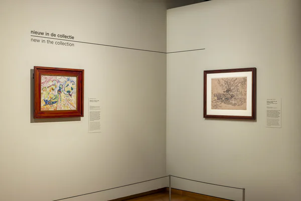 De nieuwe aankoop 'Olijfgaard in Collioure' van Henri Matisse in het Van Gogh Museum naast de tekening 'Bomen in de tuin van de inrichting' (1889) van Vincent van Gogh. foto: Luuk Kramer